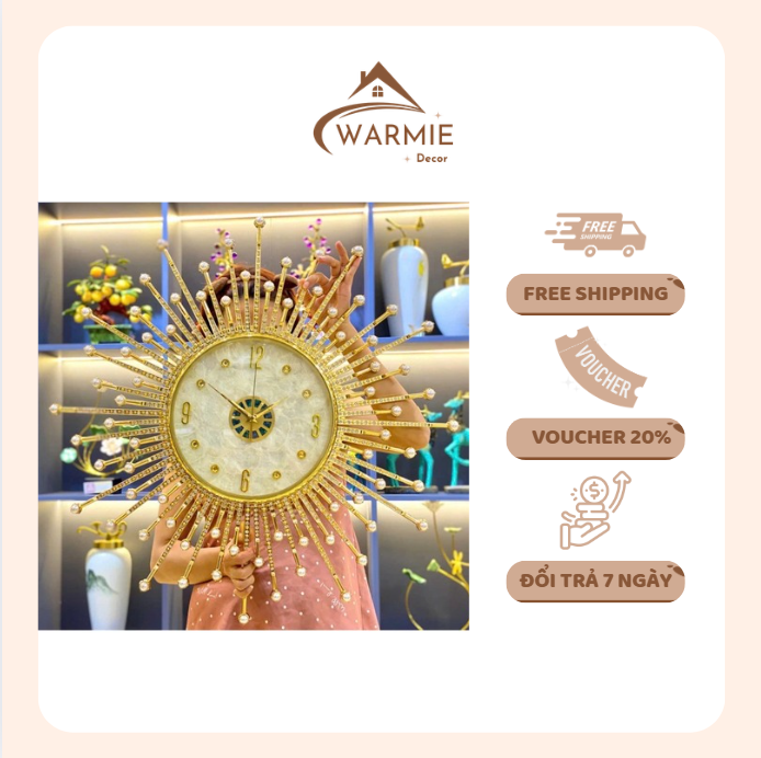 Đồng hồ treo tường kim trôi cao cấp tia mặt trời đính ngọc TRẮNG KHẢM TRAI hãng MOD Decor