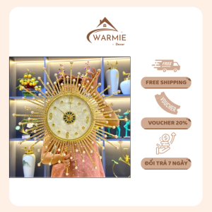 Đồng hồ treo tường kim trôi cao cấp tia mặt trời đính ngọc TRẮNG KHẢM TRAI hãng MOD Decor